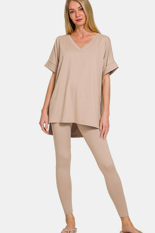 Zenana Full Size V-Neck Rolled Short Sleeve T-Shirt and Leggings Lounge Set - 1985 the VAULT Boutique