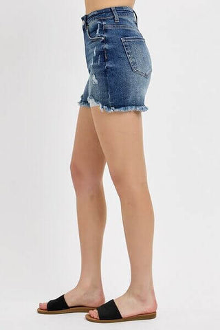 RISEN Distressed Raw Hem Denim Shorts - 1985 the VAULT Boutique