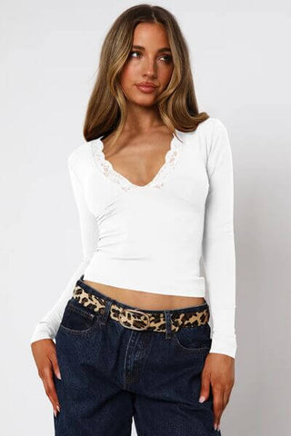 Basic Lace Detail V-Neck Long Sleeve T-Shirt - 1985 the VAULT Boutique