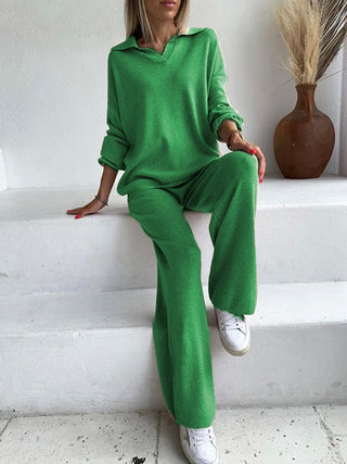 Johnny Collar Long Sleeve Top and Pants Sweater Set - 1985 the VAULT Boutique