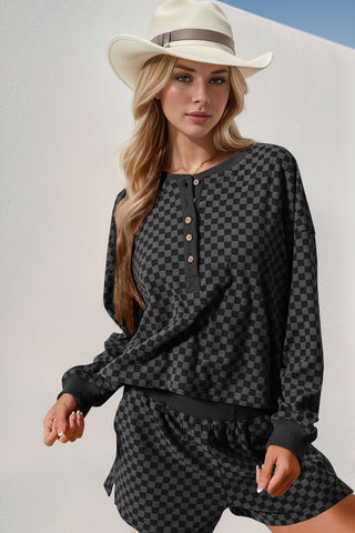 Double Take Checkered Half Button Top and Shorts Set - 1985 the VAULT Boutique