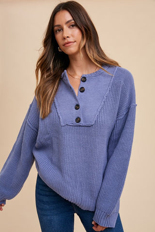 Annie Wear Half Button Ribbed Hem Sweater - 1985 the VAULT Boutique