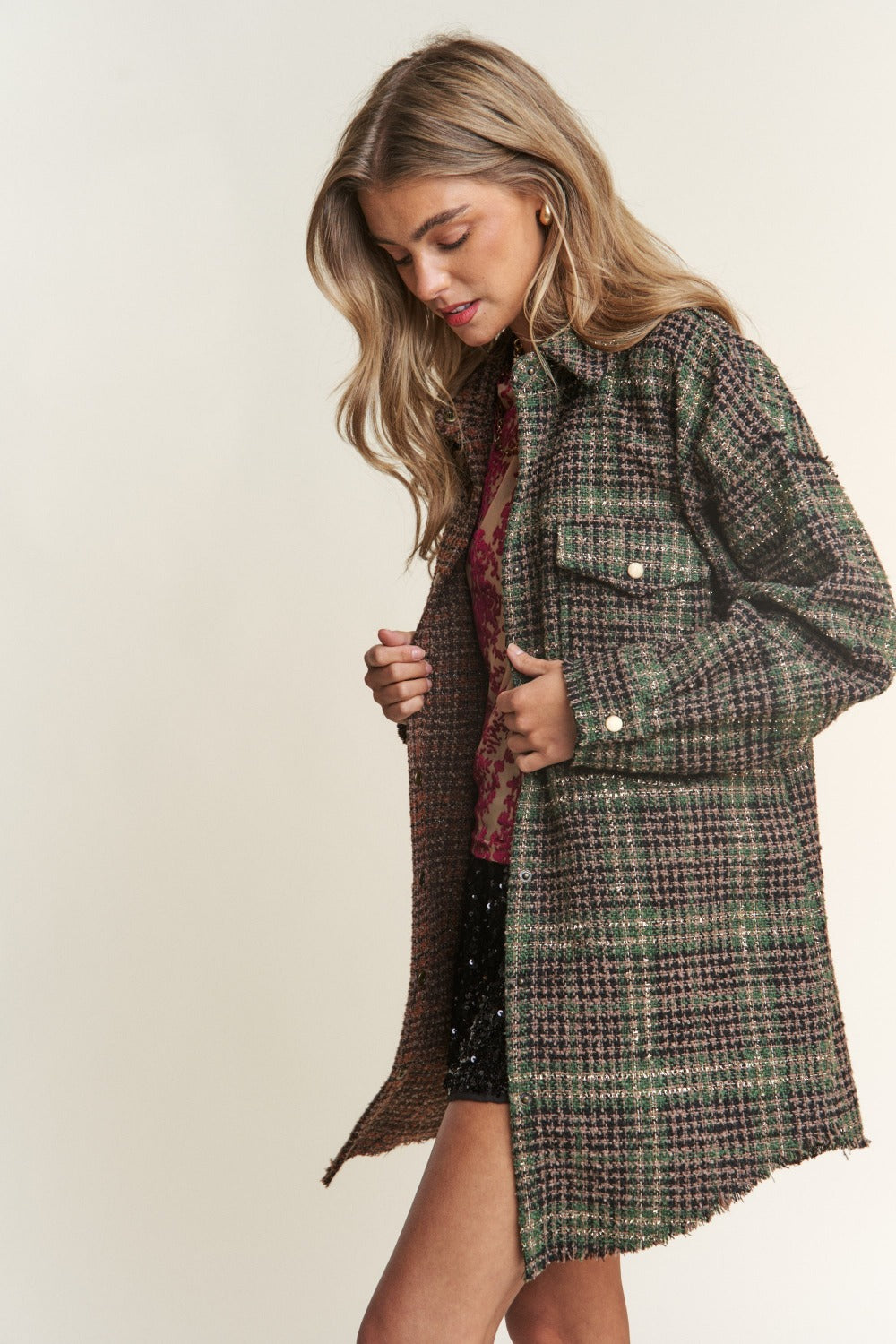 J.NNA Snap Down Tweed Plaid Contrast  Longline Shacket - 1985 the VAULT Boutique