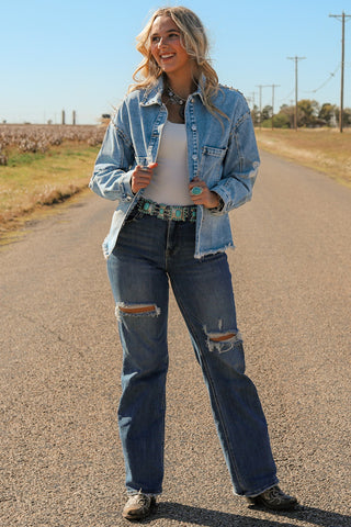 Studded Acid Wash Long Sleeve Denim Jacket - 1985 the VAULT Boutique