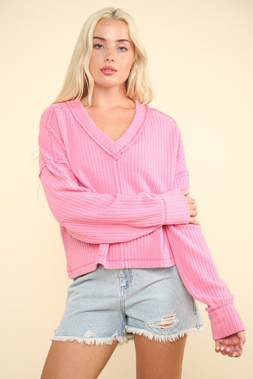 VERY J Exposed Seam V-Neck Ribbed Knit Top - 1985 the VAULT Boutique