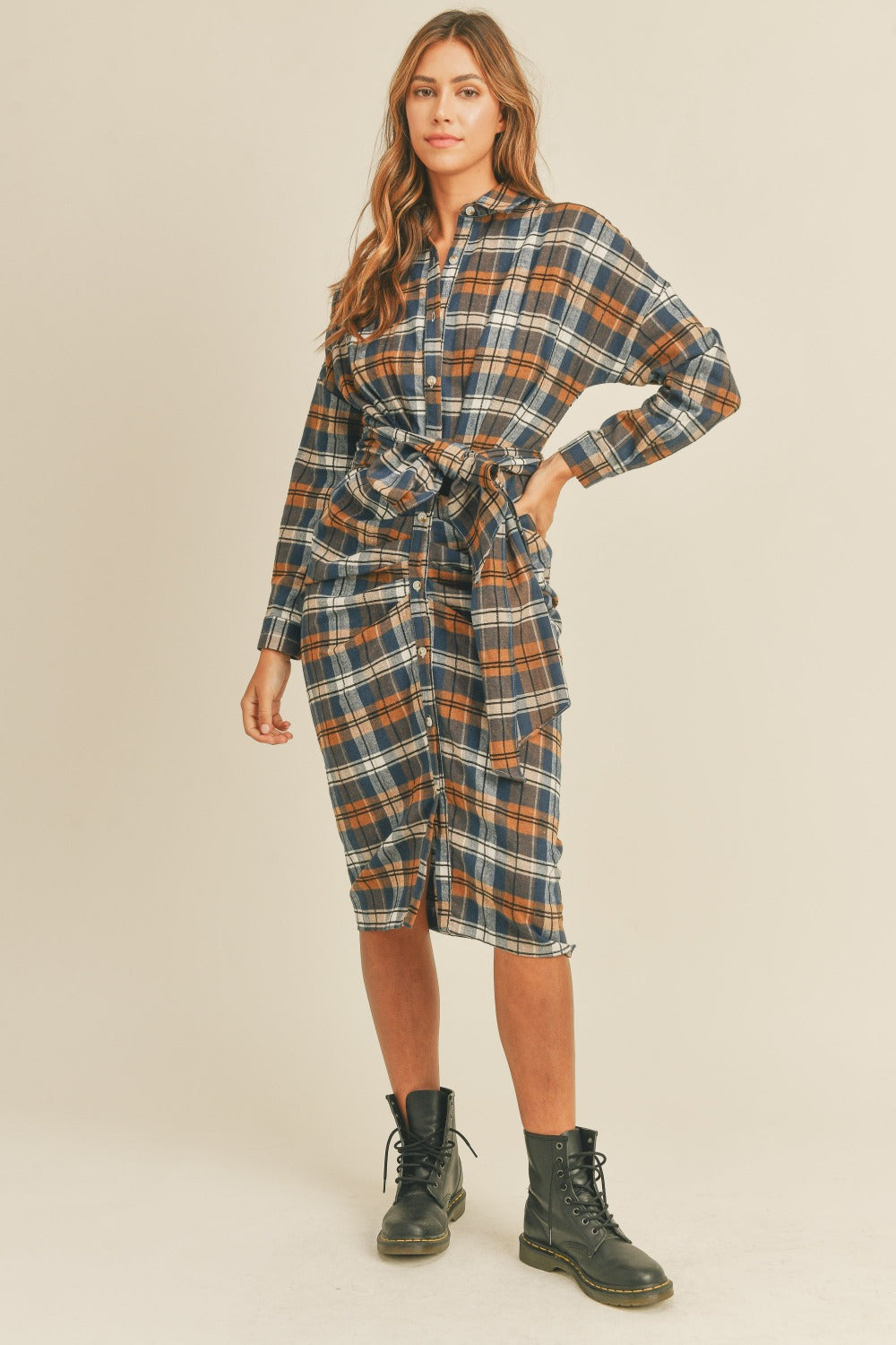 Mable Plaid Flannel Front Tie Button Down Shirt Dress - 1985 THE VAULT