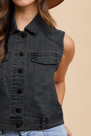 Annie Wear Collared Neck Button Down Denim Vest - 1985 the VAULT Boutique