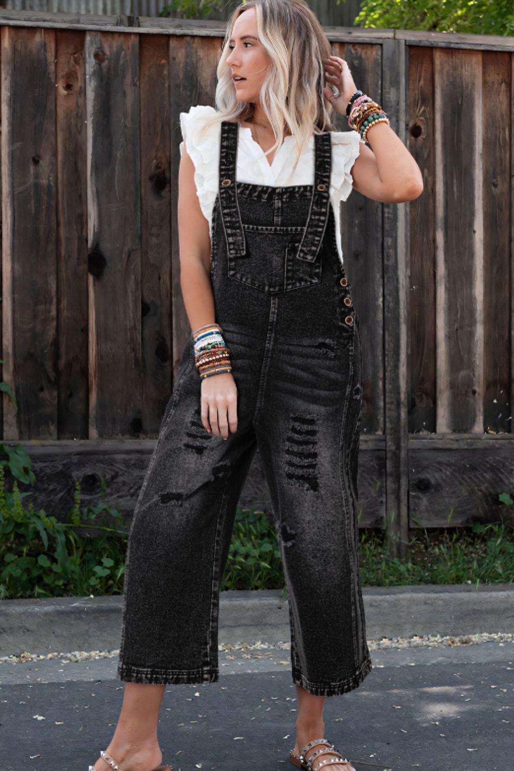 Distressed Wide Strap Denim Overalls - 1985 the VAULT Boutique