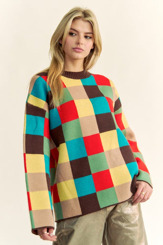 Davi & Dani Color Block Checkered Dropped Shoulder Sweater - 1985 the VAULT Boutique