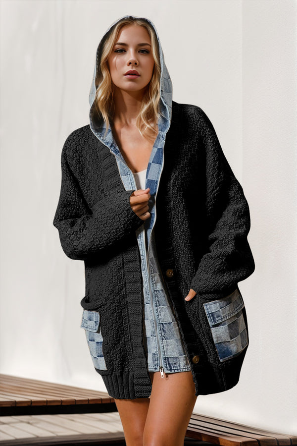 Double Take Full Size Hooded Denim Spliced Sweater Cardigan - 1985 the VAULT Boutique