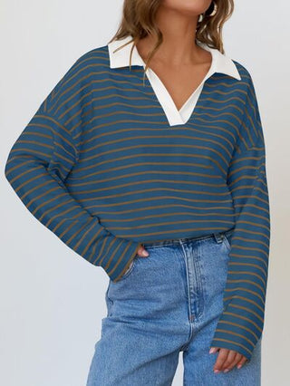 Mandy Striped Johnny Collar Long Sleeve Sweatshirt - 1985 the VAULT Boutique