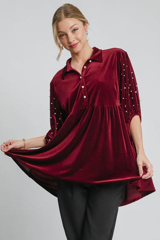 Umgee Pearl Detail Collared Neck Velvet Babydoll Blouse - 1985 the VAULT Boutique