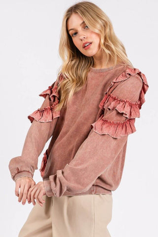 Mittoshop Ruffled Mineral Washed Round Neck Long Sleeve Sweatshirt - 1985 the VAULT Boutique