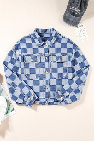 Checkered Button Up Long Sleeve Denim Jacket - 1985 the VAULT Boutique