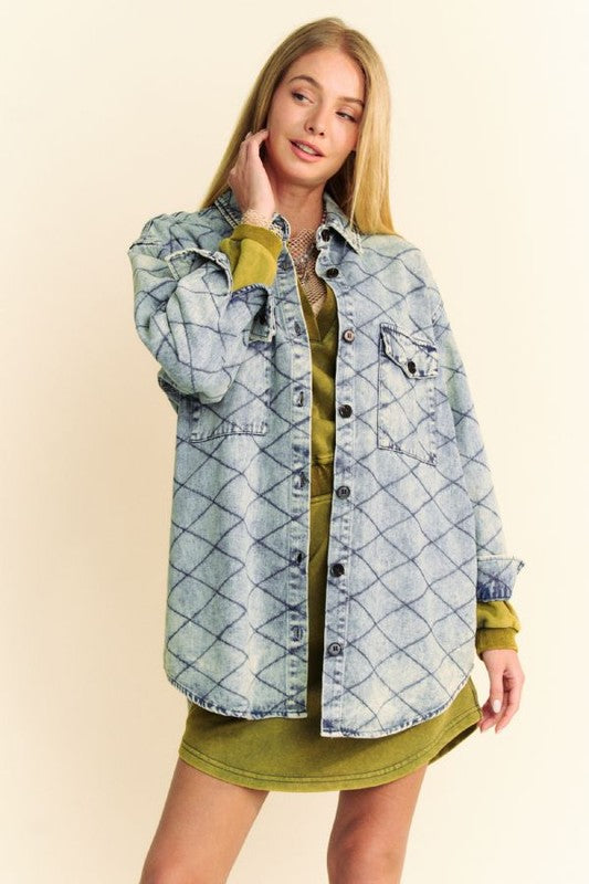 Davi & Dani Curved Hem Diamond Quilted Button Up Denim Shacket - 1985 the VAULT Boutique