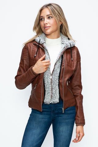 YMI Faux Layered Double-Zipper Jacket with Fuzzy Hood - 1985 the VAULT Boutique