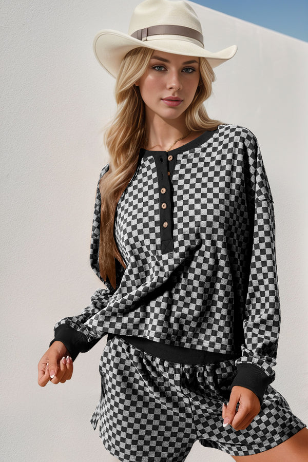 Double Take Checkered Half Button Top and Shorts Set - 1985 the VAULT Boutique