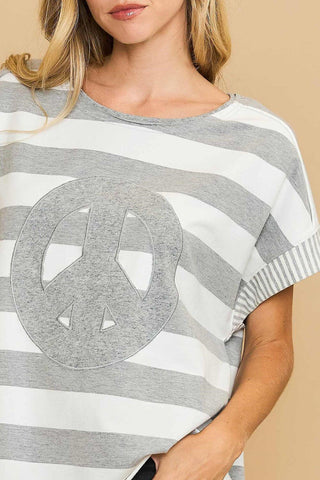 Umgee Peace Sign Patch Striped French Terry T-Shirt - 1985 the VAULT Boutique