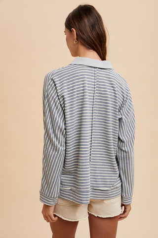 Annie Wear Striped Button Detail Long Sleeve Polo Top - 1985 the VAULT Boutique