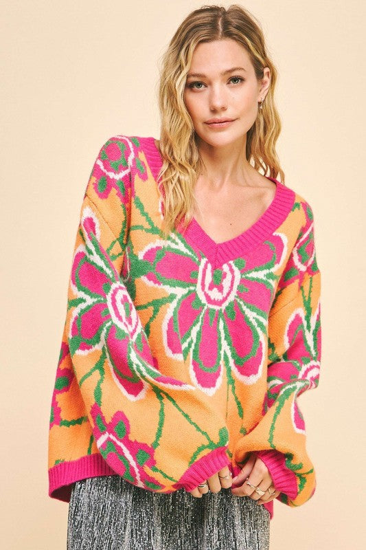 Davi & Dani Floral Contrast V-Neck Dropped Shoulder Sweater - 1985 the VAULT Boutique