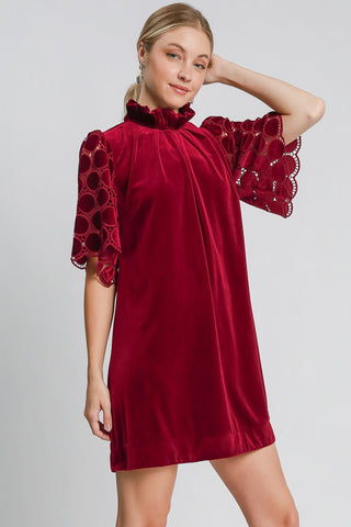 Umgee Dotted Lace Half Sleeve Mock Neck Back Tie Velvet Dress - 1985 the VAULT Boutique