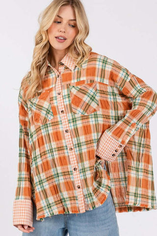 SAGE + FIG Side Slit Plaid Button Down Long Sleeve Shirt - 1985 the VAULT Boutique