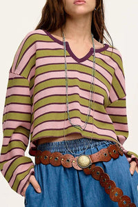 Striped Notched Long Sleeve T-Shirt - 1985 the VAULT Boutique