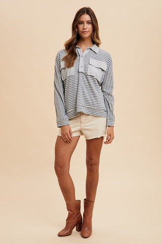 Annie Wear Striped Button Detail Long Sleeve Polo Top - 1985 the VAULT Boutique