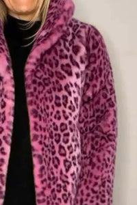 Full Size Leopard Furry Collared Neck Long Sleeve Coat - 1985 the VAULT Boutique