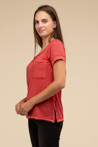 Basic Washed Melange Burnout Scoop V-Neck Top - 1985 the VAULT Boutique