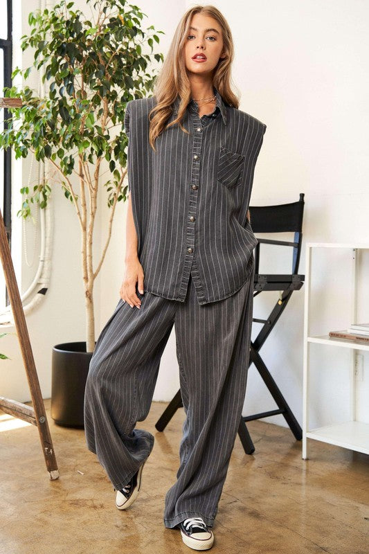 Stripe Button Down Shirt and Long Pants Set - 1985 the VAULT Boutique