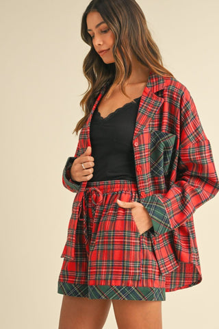 Annie Wear Contrast Plaid Long Sleeve Top and Shorts Set - 1985 the VAULT Boutique