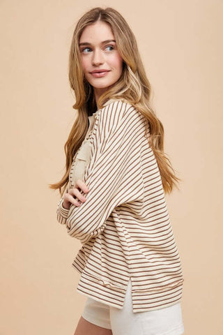 Annie Wear Striped Button Detail Long Sleeve Polo Top - 1985 the VAULT Boutique