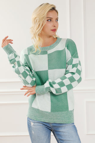 Checkered Drop Shoulder Long Sleeve Sweater - 1985 the VAULT Boutique