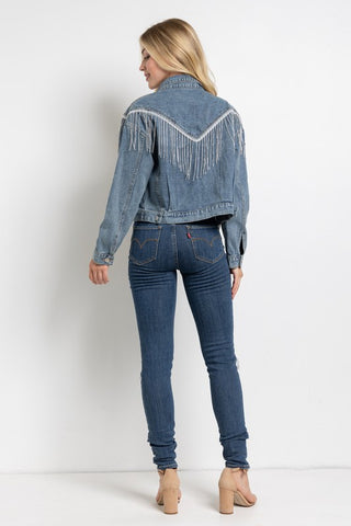 CROP DENIM JACKET WITH RHINESTONE FRINGE - 1985 the VAULT Boutique