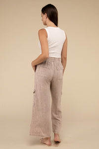 Washed Linen Elastic Band Waist Cargo Pants - 1985 the VAULT Boutique