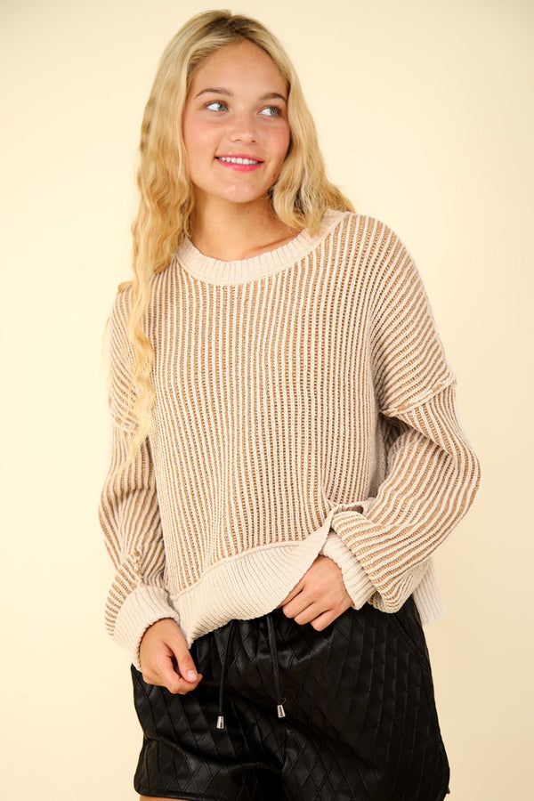 VERY J Exposed Seam Cropped Striped Slit Sweater - 1985 the VAULT Boutique