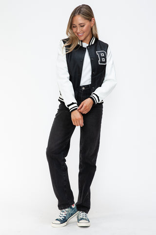 Love Me Now PU Leather Contrast Snap Down Bomber Jacket - 1985 the VAULT Boutique