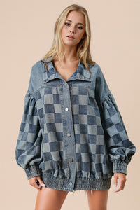 Double Take Checkered Button Up Denim Jacket - 1985 the VAULT Boutique