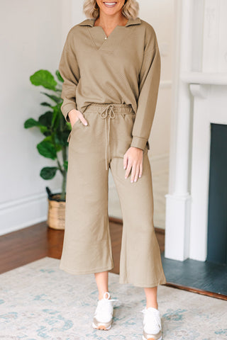 Textured Collared Neck Top and Wide Leg Pants Set - 1985 the VAULT Boutique