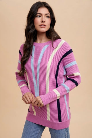 Annie Wear Chevron Stripe Round Neck Ribbed Sweater - 1985 the VAULT Boutique