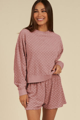 Round Neck Long Sleeve Checkered Top and Shorts Set - 1985 the VAULT Boutique