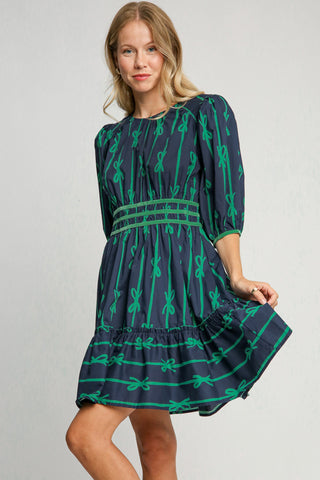 Umgee Ribbon Print Frill Contrast Velvet Trim Half Sleeve Dress - 1985 the VAULT Boutique