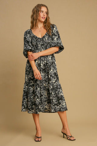 Umgee Ruffle Hem Flower Printed V-Neck Dress - 1985 the VAULT Boutique