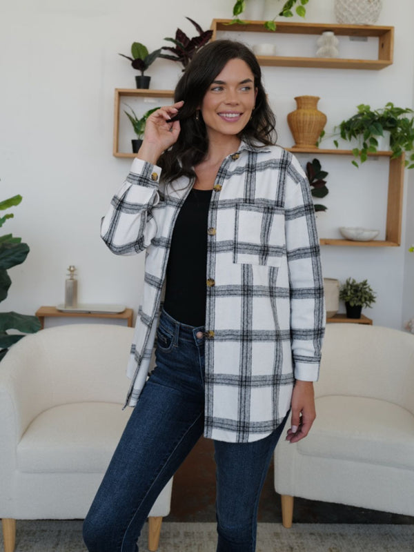 FAM-FAM Plaid Collared Neck Long Sleeve Shacket - 1985 the VAULT Boutique