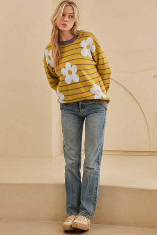 Flower Stripe Round Neck Long Sleeve Sweater - 1985 the VAULT Boutique