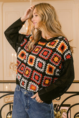 BiBi Granny Square Front Long Sleeve Top - 1985 the VAULT Boutique