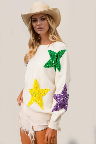 Double Take Sequin Star Round Neck Dropped Shoulder Sweater - 1985 the VAULT Boutique