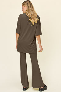 Double Take Full Size Round Neck Drop Shoulder T-Shirt and Flare Pants Set - 1985 the VAULT Boutique