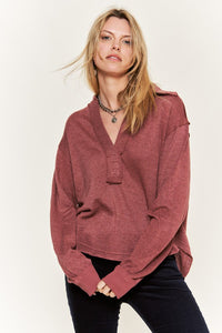 Deep V-neck Collared Long Sleeve Knit Top - 1985 the VAULT Boutique